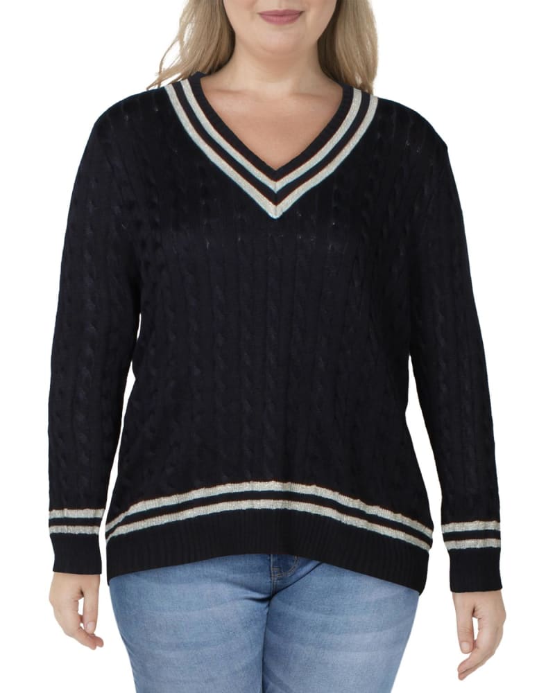 Front of a model wearing a size 2XL Ralph Lauren Women's Plus Ribbed Cable Knit V Neck Sweater Navy Size 2X in Blue by Ralph Lauren. | dia_product_style_image_id:314494